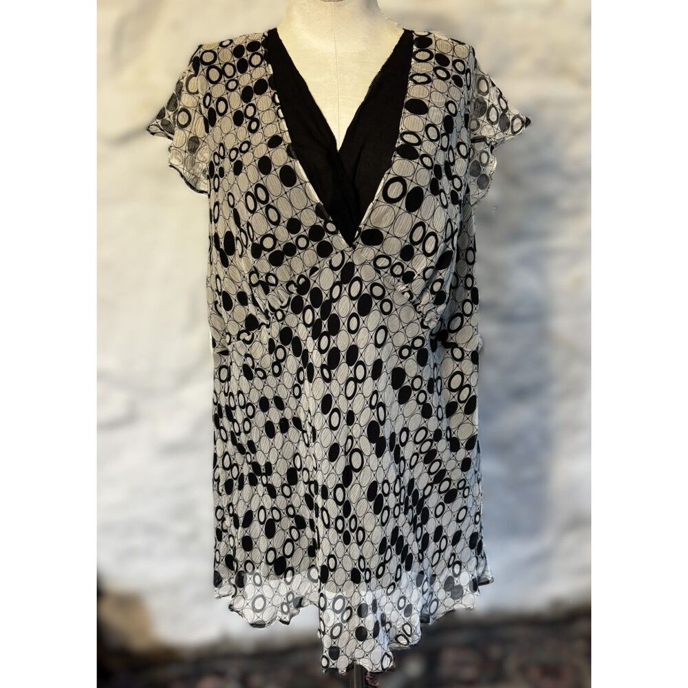 Alfani Woman 100% Silk Sheer Overlay Blouse Black White Geometric Dot 18W